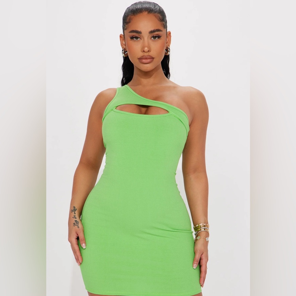 Fashion Nova Lime One-Shoulder Dress
